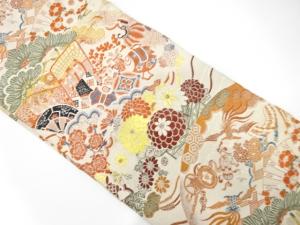 アンティーク　扇に鳳凰・草花・古楽器模様織り出し名古屋帯（材料）